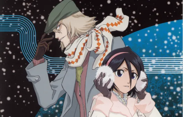 Snow, night, headphones, scarf, gloves, fur, cap, Bleach