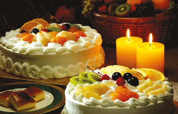 Table, basket, apples, oranges, candles, kiwi, grapes, fruit