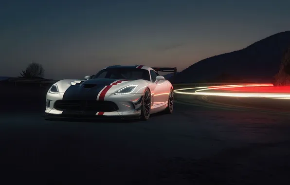 Car, Dodge, road, Dodge Viper, night, long exposure, American cars, white cars