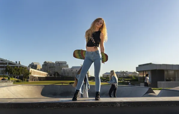 Colorful, girl, front, view, skateboard, holding