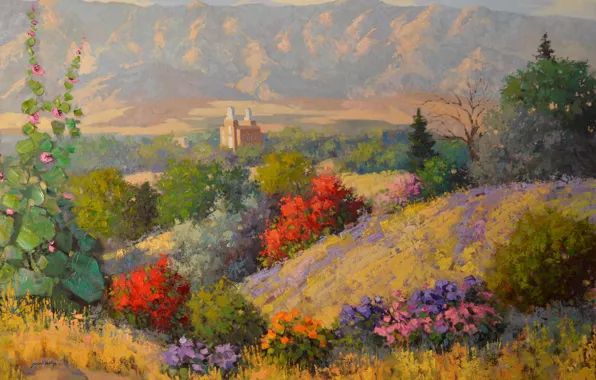 Picture landscape, flowers, mountains, castle, hills