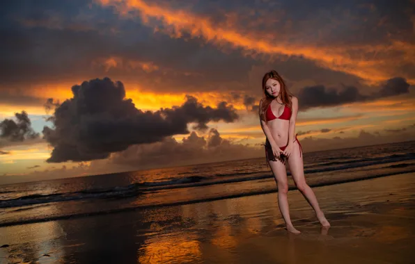 Sand, sea, beach, swimsuit, look, girl, clouds, sunset