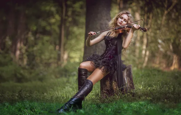Picture forest, girl, music, mood, violin, stump, boots, dress
