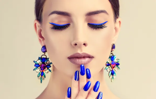 Decoration, blue, face, background, portrait, earrings, hands, makeup