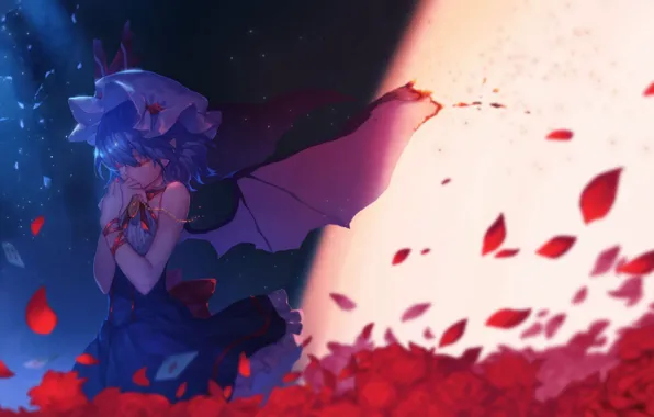 Picture fragments, loneliness, tears, pain, vampire, black wings, Touhou Project, Remilia Scarlet