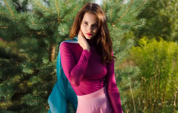 Picture women, red lipstick, nipples through clothing, pink skirt, see-through blouse, Diana Jam, Women Outdoors