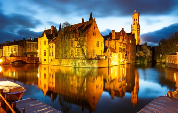Night, bridge, lights, boat, home, channel, Belgium, Bruges