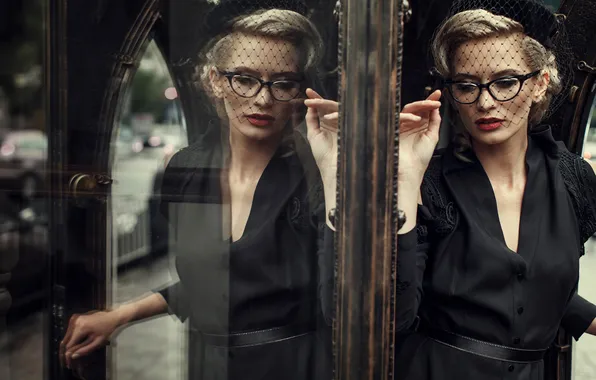 Reflection, veil, blond, black dress, Elegant, retro woman