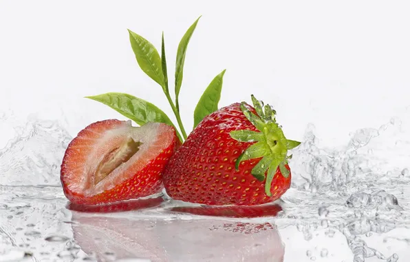 Water, macro, berries, strawberry, leaves