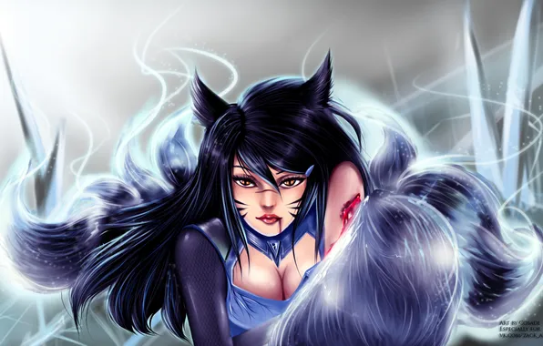 Picture girl, blood, Fox, league of legends, wounds, ahri