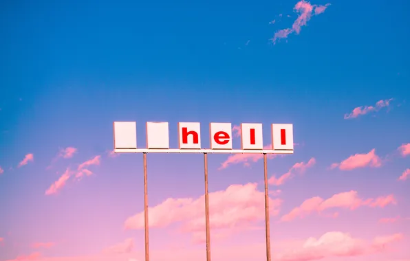 The sky, clouds, sunset, sign, hell, Shell, joke, gas station