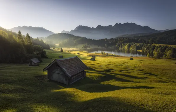Mountains, morning, house, Bavarian Alps