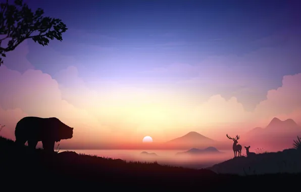 Wallpaper sunset, horns, deer, silhouette desktop wallpaper, hd