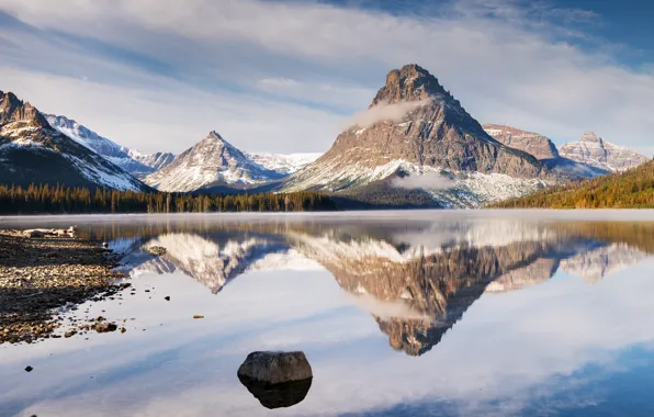 Picture winter, autumn, forest, clouds, snow, mountains, pebbles, lake