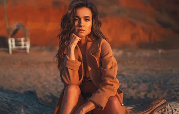 Beach, look, girl, pose, coat, Gregory Levin