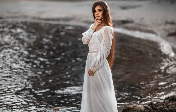 Girl, makeup, dress, hairstyle, beautiful, in white, bokeh, Jeanne