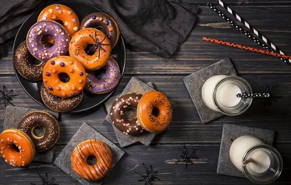 Milk, donuts, cakes, sweet, sweet, donuts