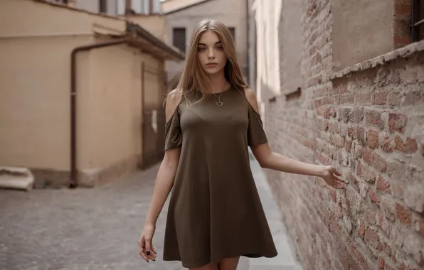 Girl, pose, house, wall, portrait, brick, makeup, dress