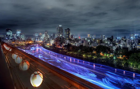 Light, river, skyscrapers, Japan, lights, Osaka, festival
