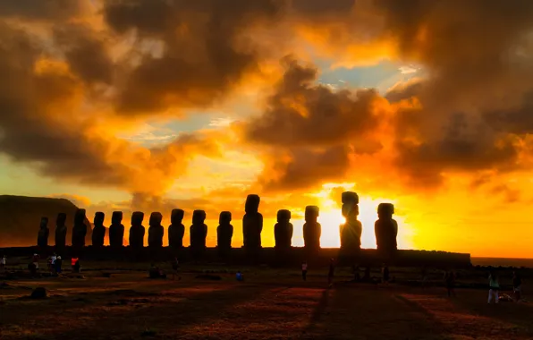 Field, the sky, the sun, clouds, light, sunset, people, Easter island