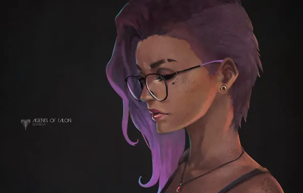 Girl, hair, glasses, art, overwatch, sombra