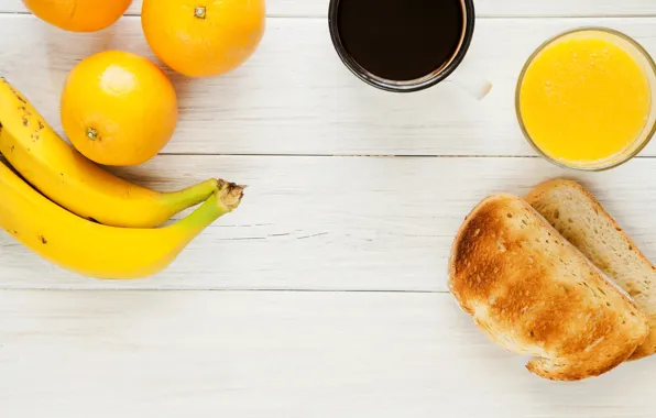 Coffee, orange, juice, banana, toast