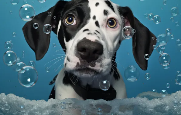 Look, foam, water, pose, bubbles, portrait, dog, bathing