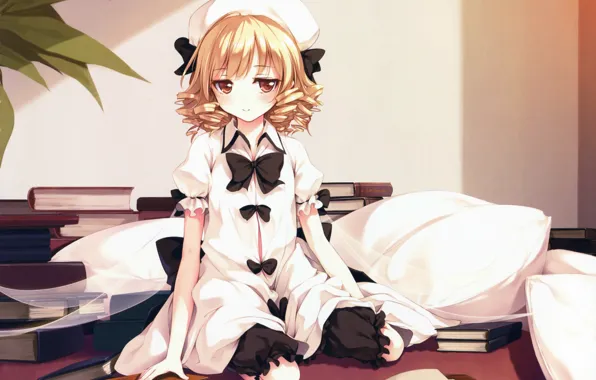Books, hat, pillow, bow, wings, curls, touhou, art