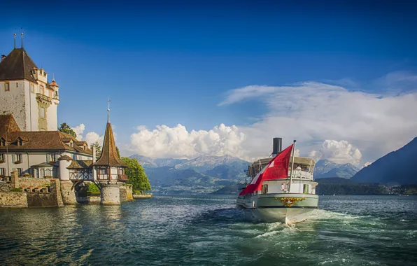 Clouds, landscape, mountains, nature, Switzerland, boat, Oberhofen Castle, Lake Thun
