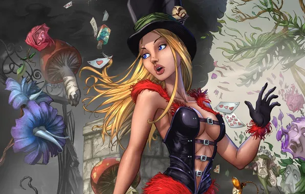 Card, girl, flowers, mushrooms, fantasy, art, Alice in Wonderland, cylinder
