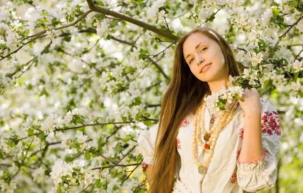 Girl, mood, spring, garden, Apple