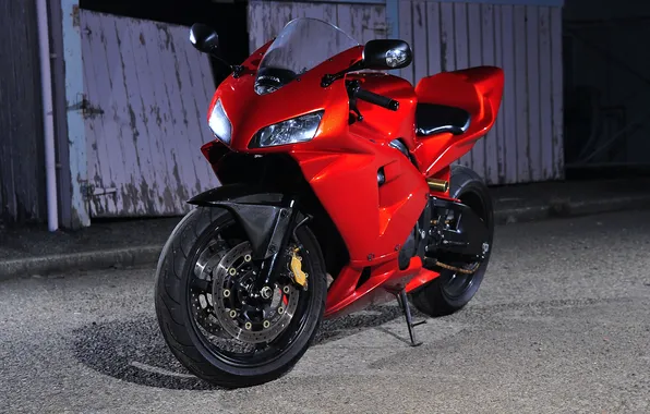 Picture red, shadow, the fence, motorcycle, red, Supersport, honda, front view