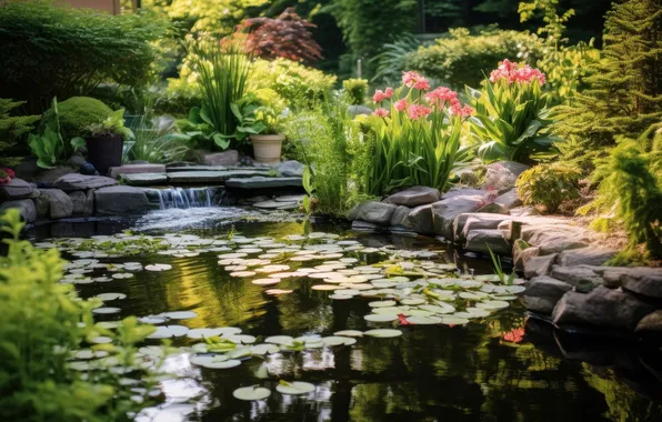 Greens, summer, leaves, water, light, flowers, comfort, pond