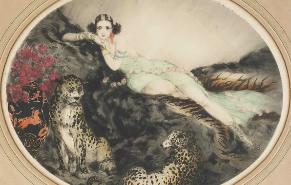 Picture cats, roses, 1927, Tais, Louis Icart, porcelain vases