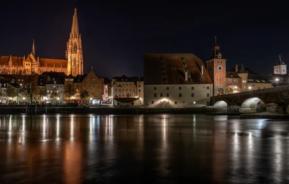 Picture bridge, lights, river, the evening, Germany, Regensburg