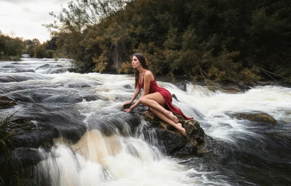 Picture girl, river, sky, nature, water, clouds, model, brunette