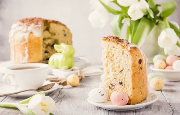 Picture flowers, eggs, spring, Easter, tulips, white, happy, cake