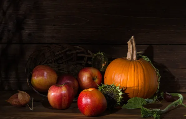 Sunflowers, the dark background, apples, Board, food, pumpkin, still life