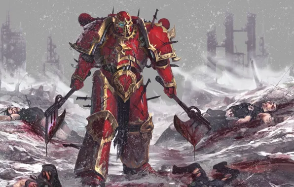 Snow, weapons, warrior, ruins, Warhammer, corpses, power armor