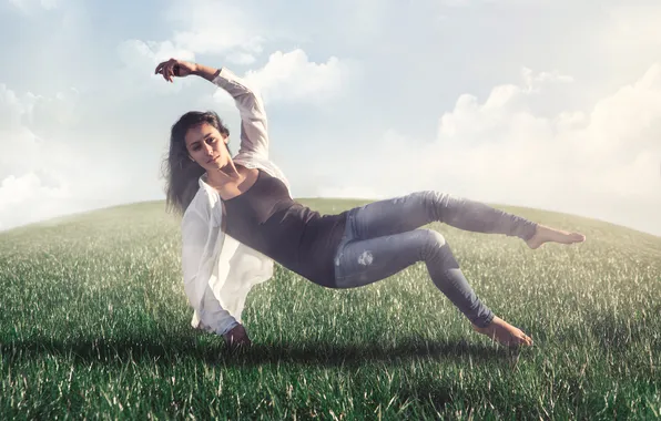 Look, girl, clouds, brown hair, levitation
