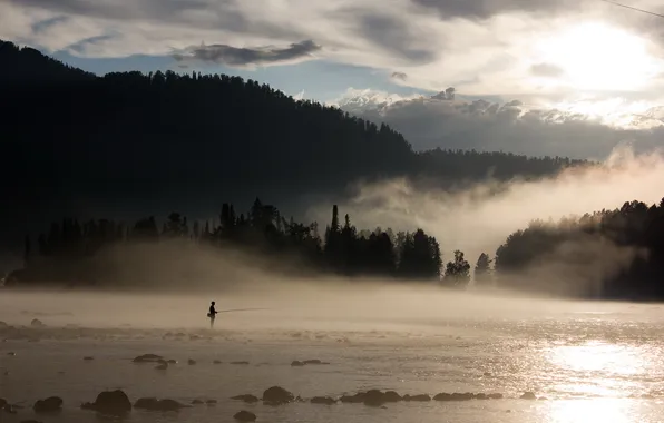 Picture fog, river, fishing