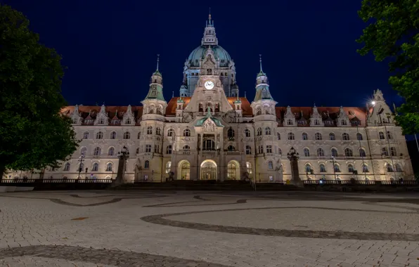 Night, Germany, area, Palace, town hall, Hannover, New Town Hall