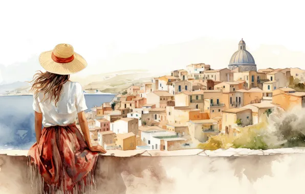 Sea, summer, girl, the city, shore, view, building, height