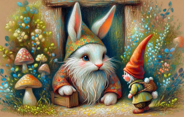 Mushrooms, hare, tale, the door, Amanita, basket, Bunny, dwarf