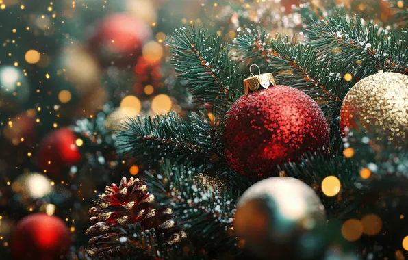 Balls, branches, lights, Christmas, New year, banner, needles, bokeh