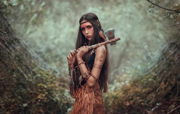 Picture look, girl, pose, blur, axe, long hair, Tomahawk, paint