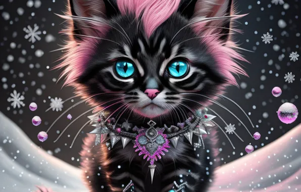 Winter, cat, eyes, cat, look, snow, snowflakes, style