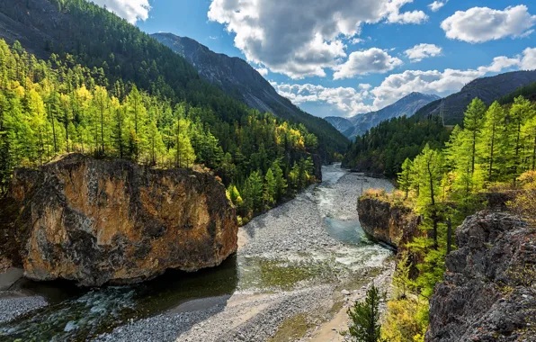 Forest, mountains, river, rocks, Russia, Siberia, Buryatia, Mikhail Tilpunov