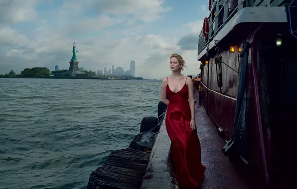 Landscape, river, portrait, actress, blonde, sculpture, beauty, The Statue Of Liberty