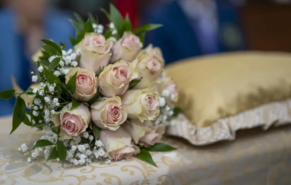 Leaves, decoration, flowers, roses, bouquet, rhinestones, pillow, buds